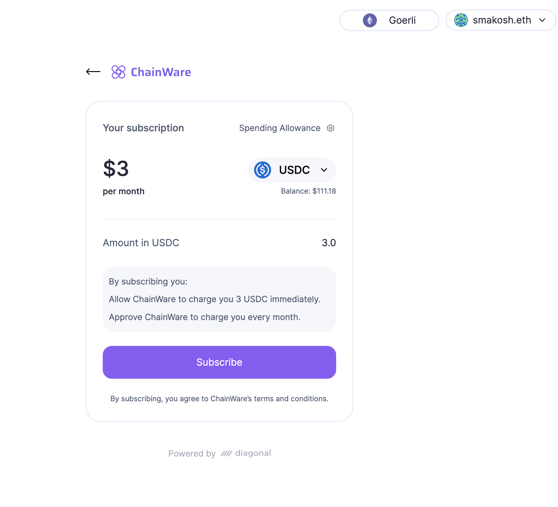 Diagonal Finance Checkout page