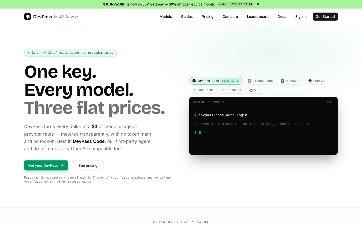DevPass landing page — One key. Every model. Three flat prices.